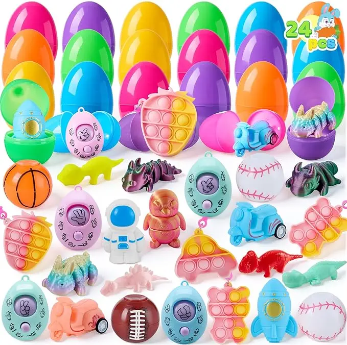 Summer Spring Gift 24pcs Prefilled Easter Eggs with Assorted Toys Plus Stickers, Easter Eggs Fillers for Basket Stuffers, Kids Hunt, Party Favors, Classroom Prize Supplies
