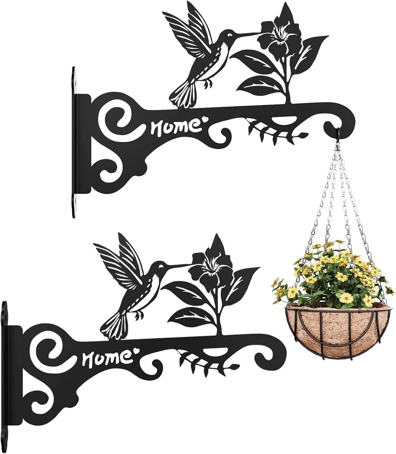 Bamworld 2-Piece Heavy-Duty Weatherproof Metal Wall Mount Hanging Planter - Elegant Bird and Flower Motifs, Shepherd Hook, Easy Installation, Screws Included, Robust and Durable, Living Room Indoor/Outdoor Garden Decor (Fits Flower Pots, Lanterns)