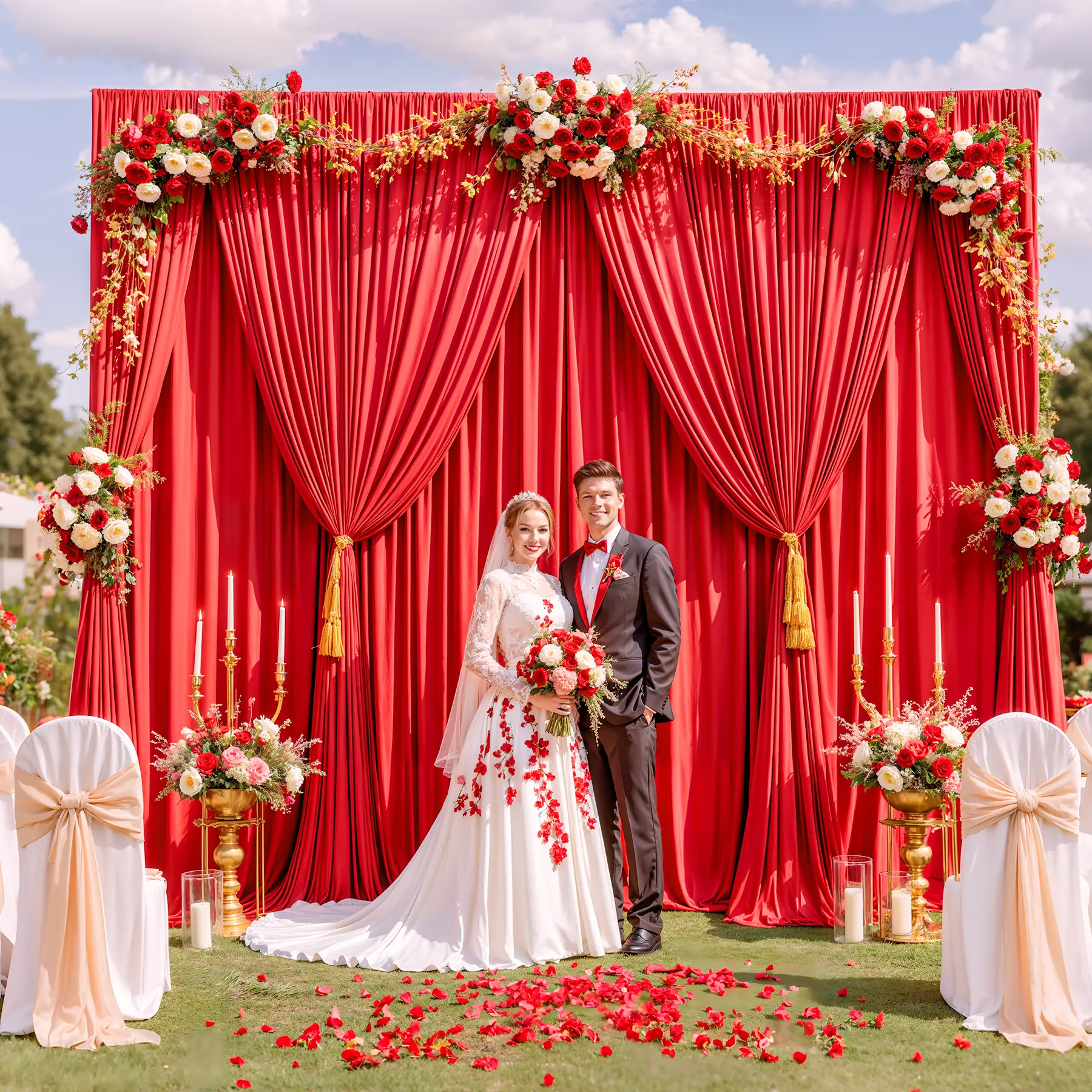Polyester 4-Panel 5x10FT Wrinkle-Free Wall Hanging Backdrop Curtains with Floral Ornaments, Wedding Arch Cover, Party Decor Drapes for Indoor/Outdoor Use