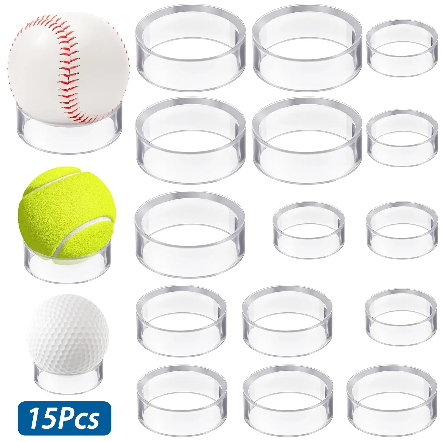 15Pcs Crystal Sphere Stand Acrylic Sphere Holder 3Size Round Baseball Stands Ball Display Stand Ring for Golf Ball Baseball Softball Tennis Ball Spheres Marbles Collections