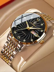 Men's Business Fashion Round Dial Stainless Steel Strap Quartz Watch, Classic Black Dial Calendar Function Watch for Party, Daily Decor, Exquisite Watch for Birthday Gift without Box, Analog Watches