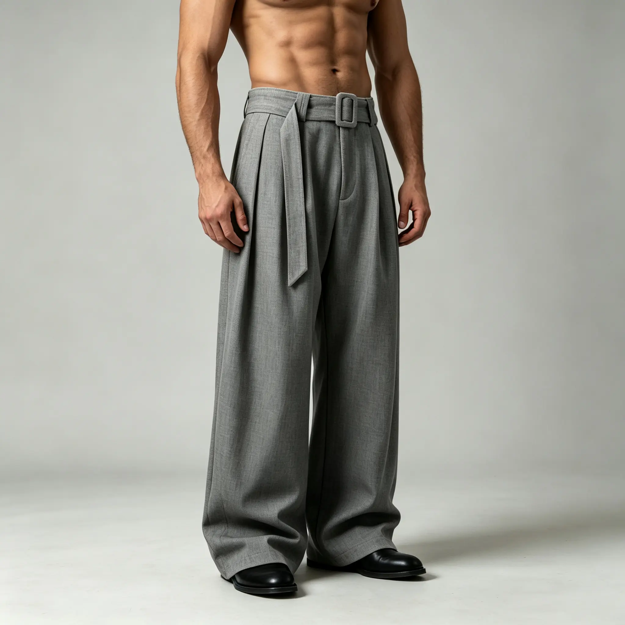 Men's Spring-Autumn High-Waisted Plain Suit Pants with Belt, Buckle, Ribbon Detail, Wide Straight Legs, Drapey Ruched Fabric, Loose Fit - Floor-Length Trousers for Office, Formal, Commuting Wear Baggy Sweatpants