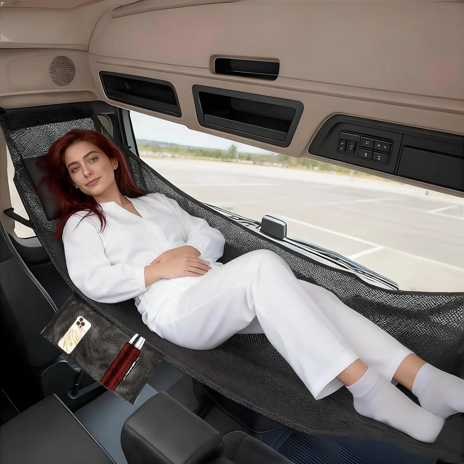 Semi Truck Day Cab Bed Hammock with Phone Bag, Truck Bed Sleeping Platform & Bus Hammock, Max 400LB Capacity, Ideal Gift for Truck Drivers