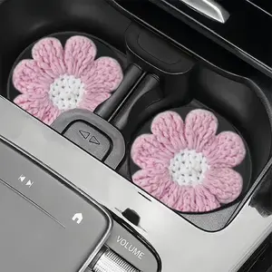2pcs Knitted Flower Cup Mats, Non-Slip Car Organizer Tray, Storage Mat, Car Decorative Accessories, Automotive Supplies