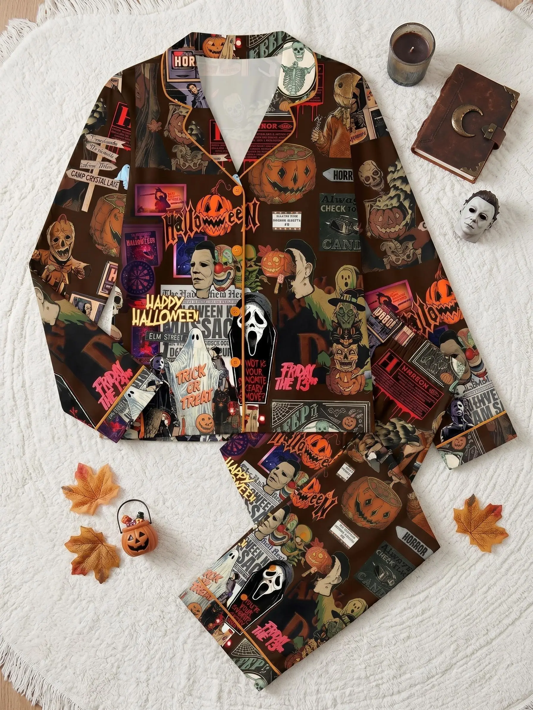 Halloween Pajama Set for Women, Horror Movie Print Long Sleeve Button Up Sleepwear Lounge Set, Spooky Season Nightwear