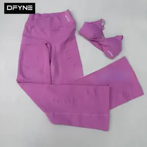 DFYNE Seamless Twist-Front Sports Bra & Flare Leggings Set| Padded Strappy Back Top with Crossover V-Waist Bootcut Yoga Pants 2-Piece Outfit