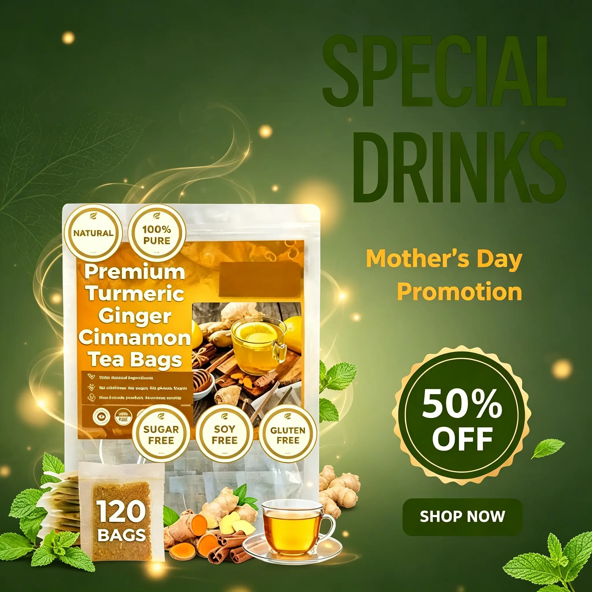 100% Natural Turmeric-Ginger-Cinnamon Dried Leaves Herbal Tea Packets, Caffeine-Free, Sugar-Free, No Added Sugar Herbal Ingredients Tea Drink Beverage