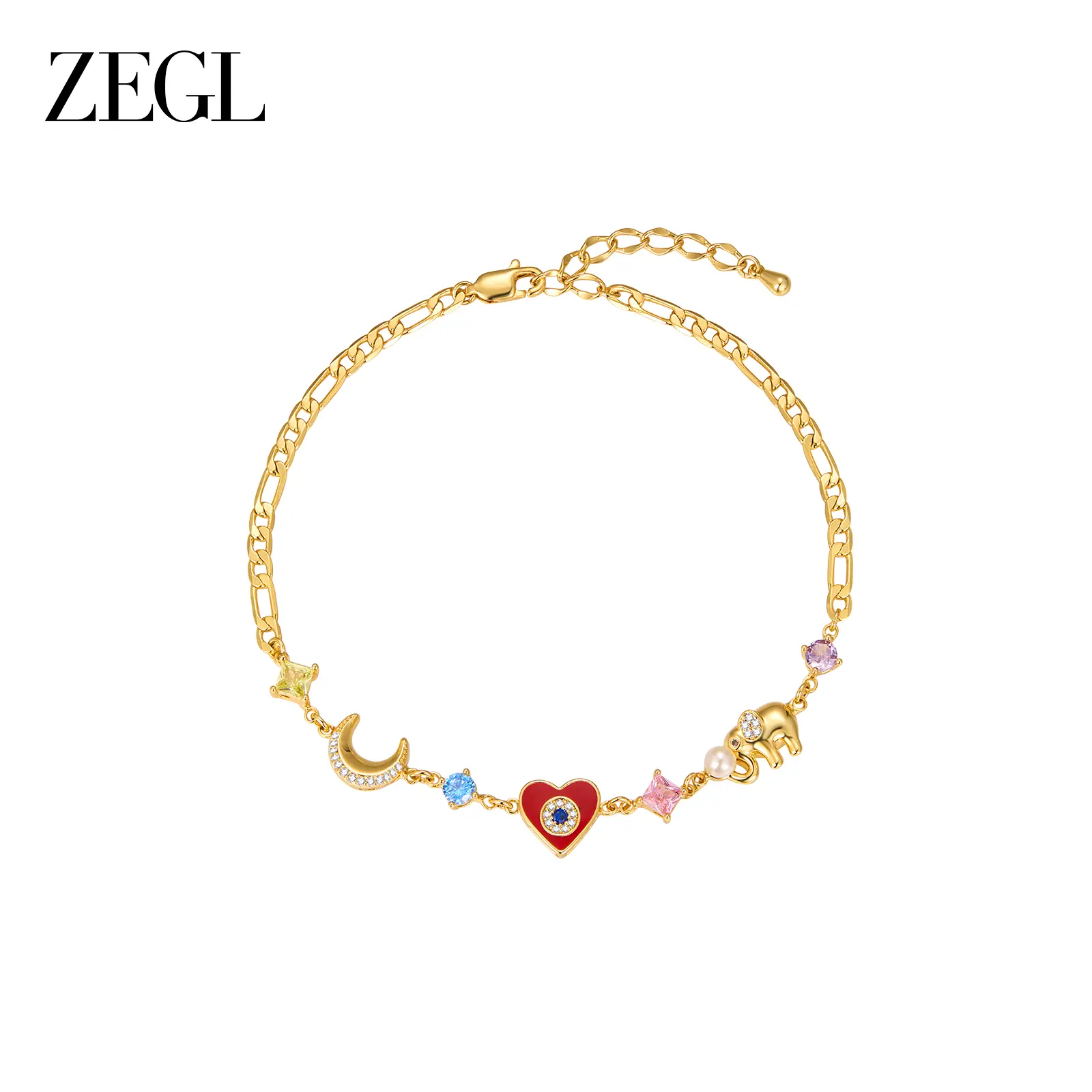 ZEGL 14K Gold Anklet for Women, Elephant Moon & Heart Charm Foot Bracelet, Boho Summer Beach Jewelry, Lucky Amulet Layering Anklet, 2026 Trend