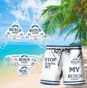 Vintage Busch Light Print Drinking Swimwear Set String Bikini Beach Shorts