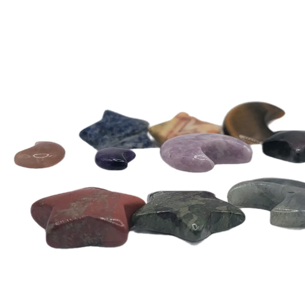 Set of 12 Non-Natural Crystal Moon & Stars Decorations - Crazy Agate, Lepidolite, Labradorite, Garnet, Sodalite, Lapis Lazuli, Green Aventurine, Amethyst, Sunstone, Dragon Blood, Tiger Eye, Red Jasper