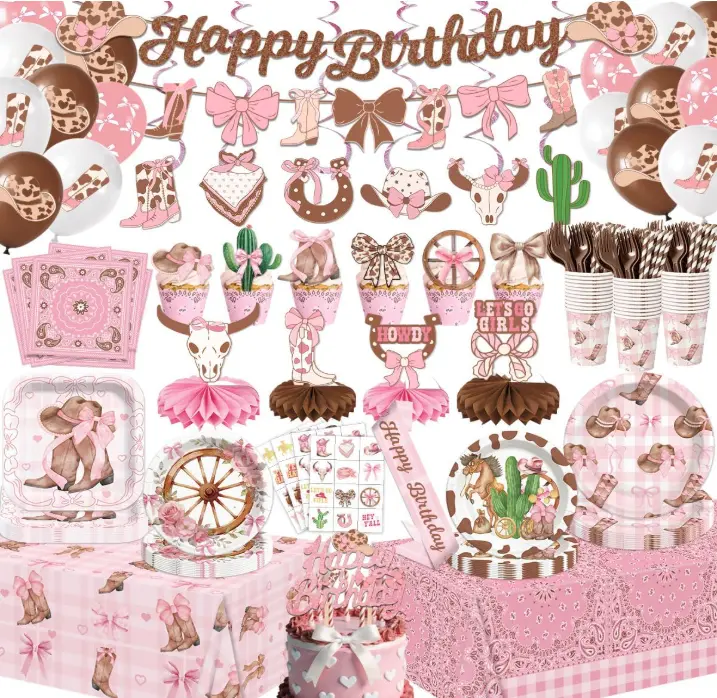 210Pcs Pink Cowgirl Birthday Party Decorations Bows and Boots Tableware including Western Disposable Plates Napkins Cups Banner Balloons Cake Topper for Rodeo Theme Party Supplies Serves 26
