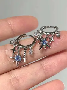 1Pair of Blue Eight-Pointed Star Tassel Rhinestone Earrings: Fashionable, Unisex, Versatile for Everyday Wear and Unique Party Earrings, Casual Earring Clip