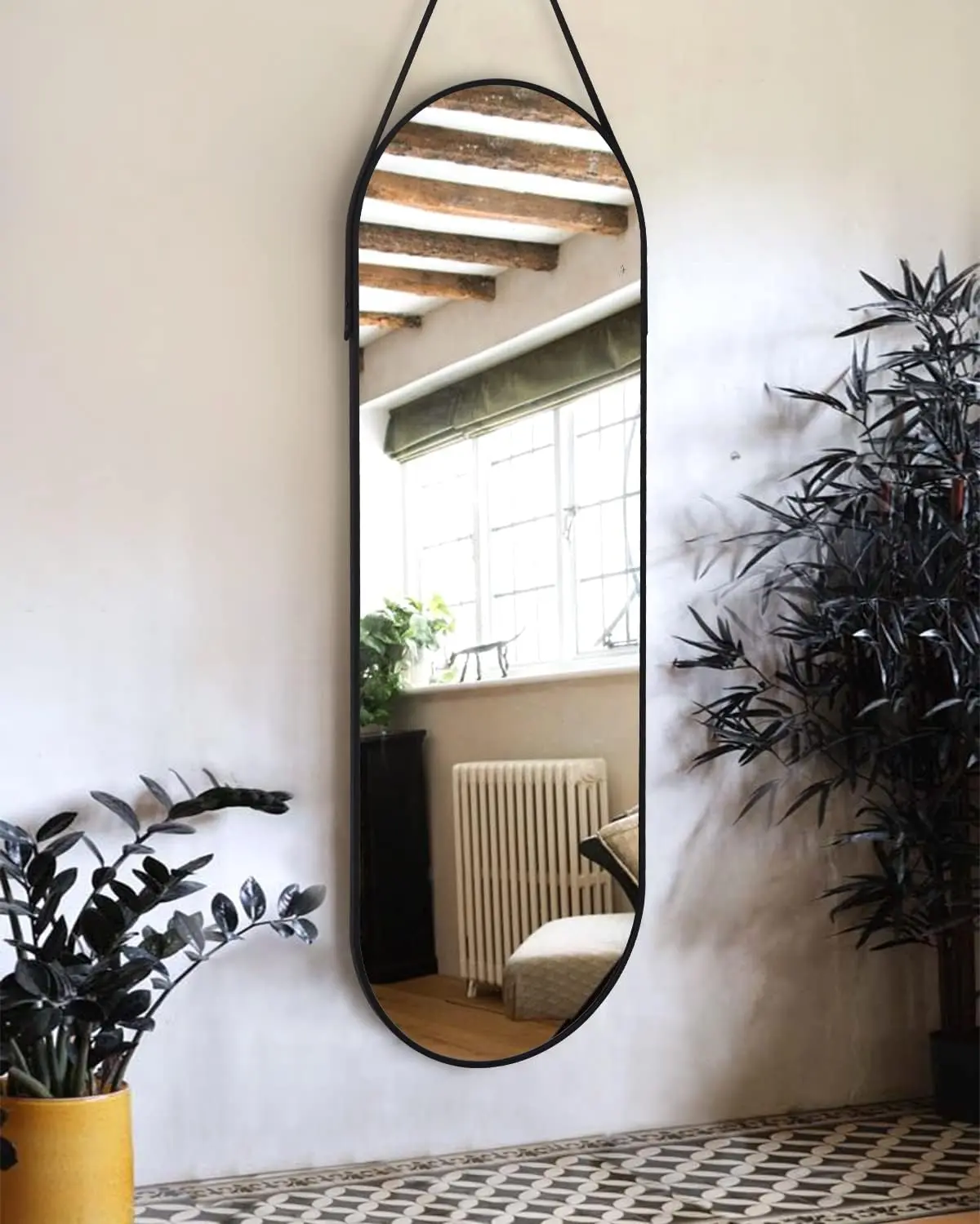 48'' x 16'' Full Length Mirror Wall-Mounted, Full Body Hanging Mirror for Wall and Door in Bedroom, Living Room, Oval with Straps, Hanging with Aluminum Alloy Frame (Oval Black)