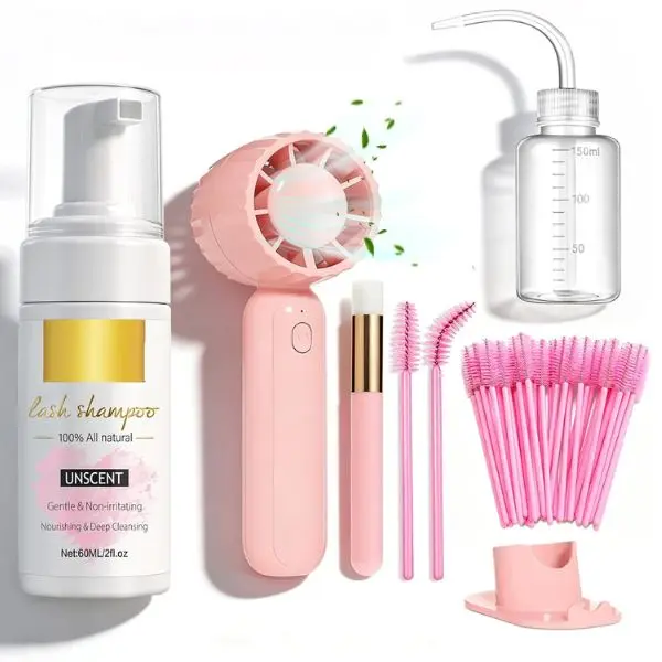 Eyelash Extension Cleanser Kit with Lash Shampoo Mousse & USB Rechargeable Mini Fan Lash Bath Foam Cleaner for Eyelash Extensions Portable Lash Drying Fan for Beauty Salon & Home Use