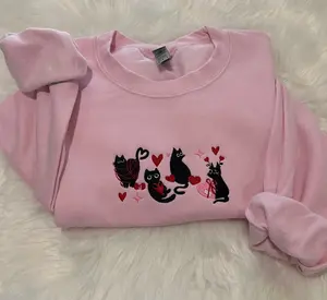 Valentines black Cats Embroidered sweatshirt, Valentine Embroidered crewneck, Valentine's Day sweatshirt