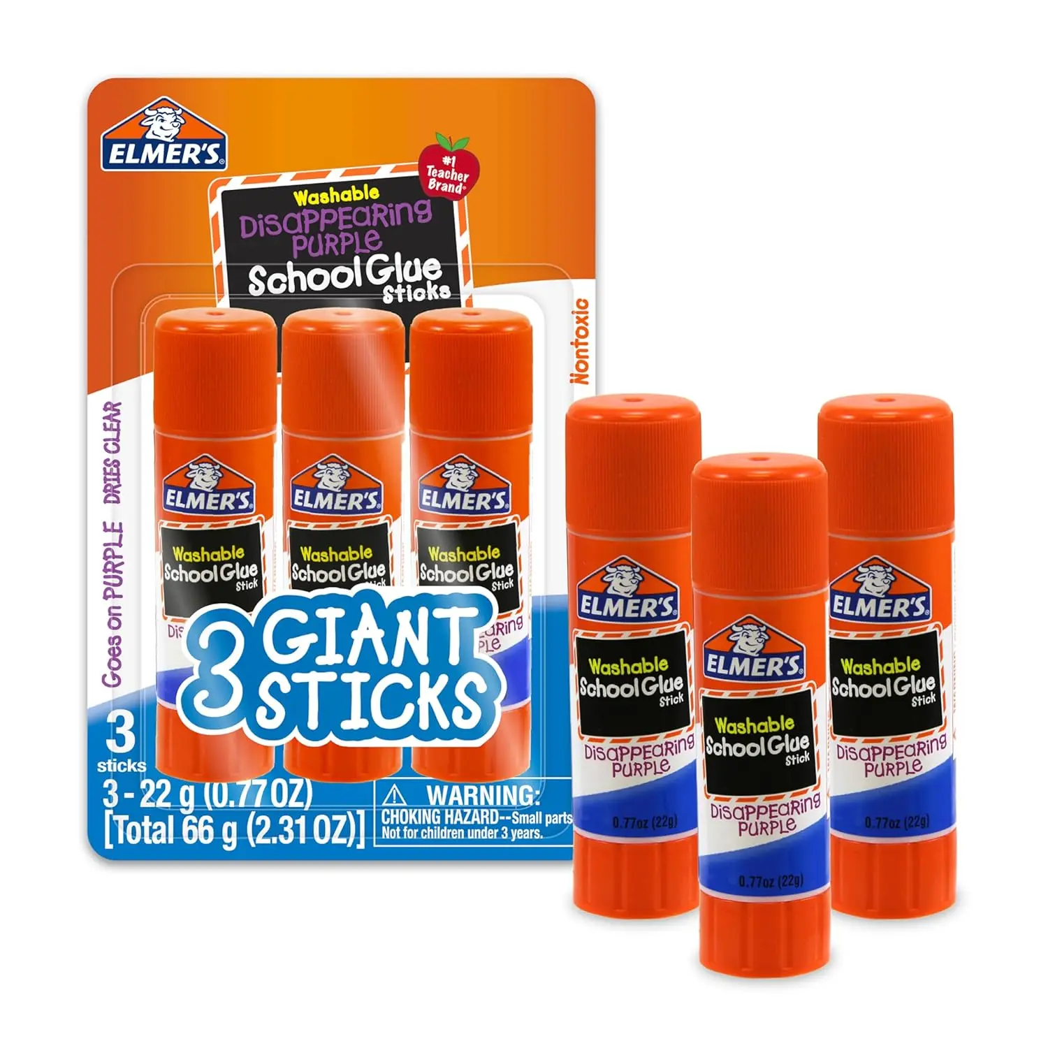 Disappearing Purple Washable Glue Sticks, 22g, 3 Count, School Glue for Kids, Strong Adhesive for Paper, Cardboard, Posters and Vision Boards, Ideal for Back to School Supplies, Arts, Crafts and Classroom Projects