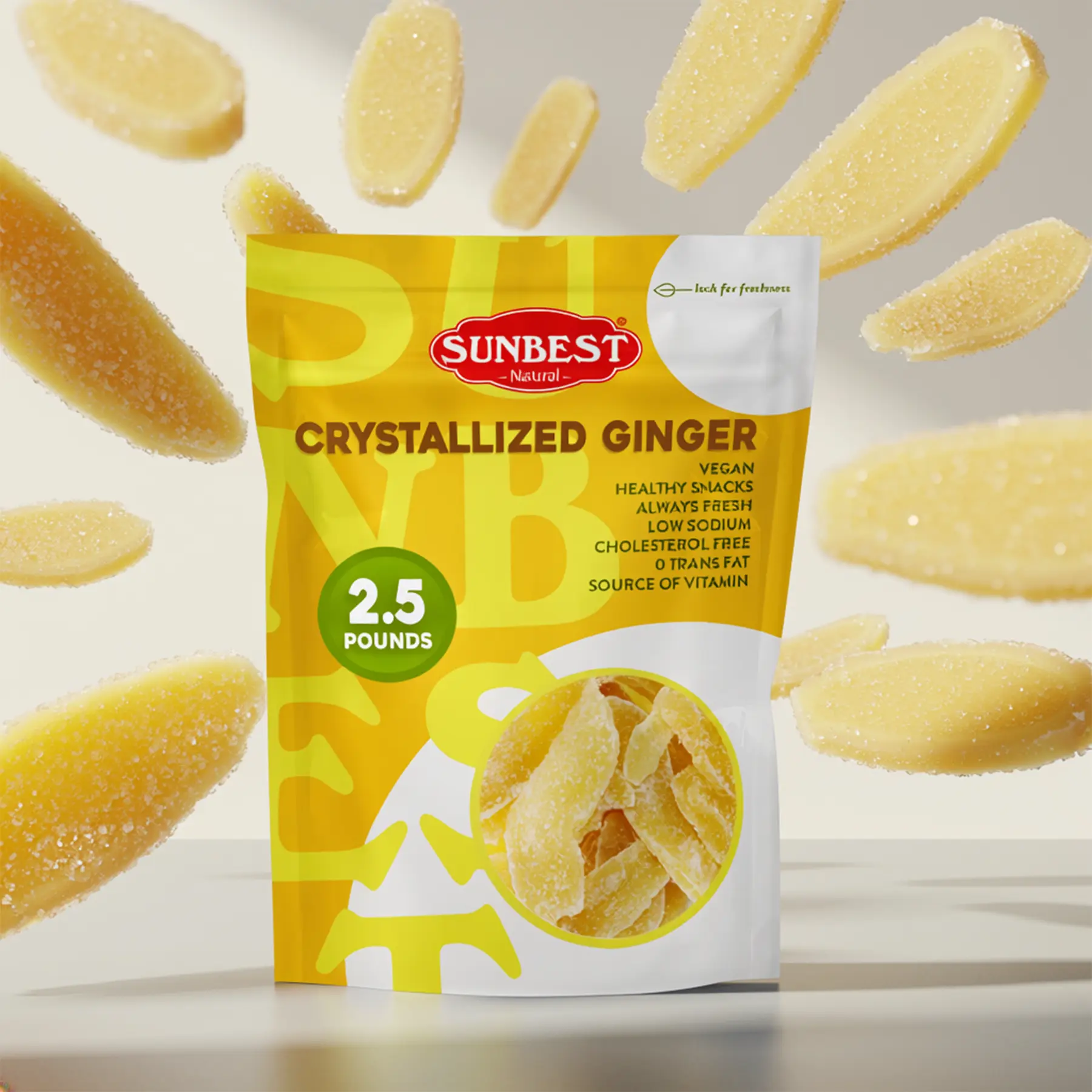 Sunbest Natural - Sliced & Candied Ginger - 2.5 Pounds, Crystallized Ginger for Baking and for Snacking, Vegan Dried Ginger, Non-GMO, Kosher Ginger Candy in Resealable Bags