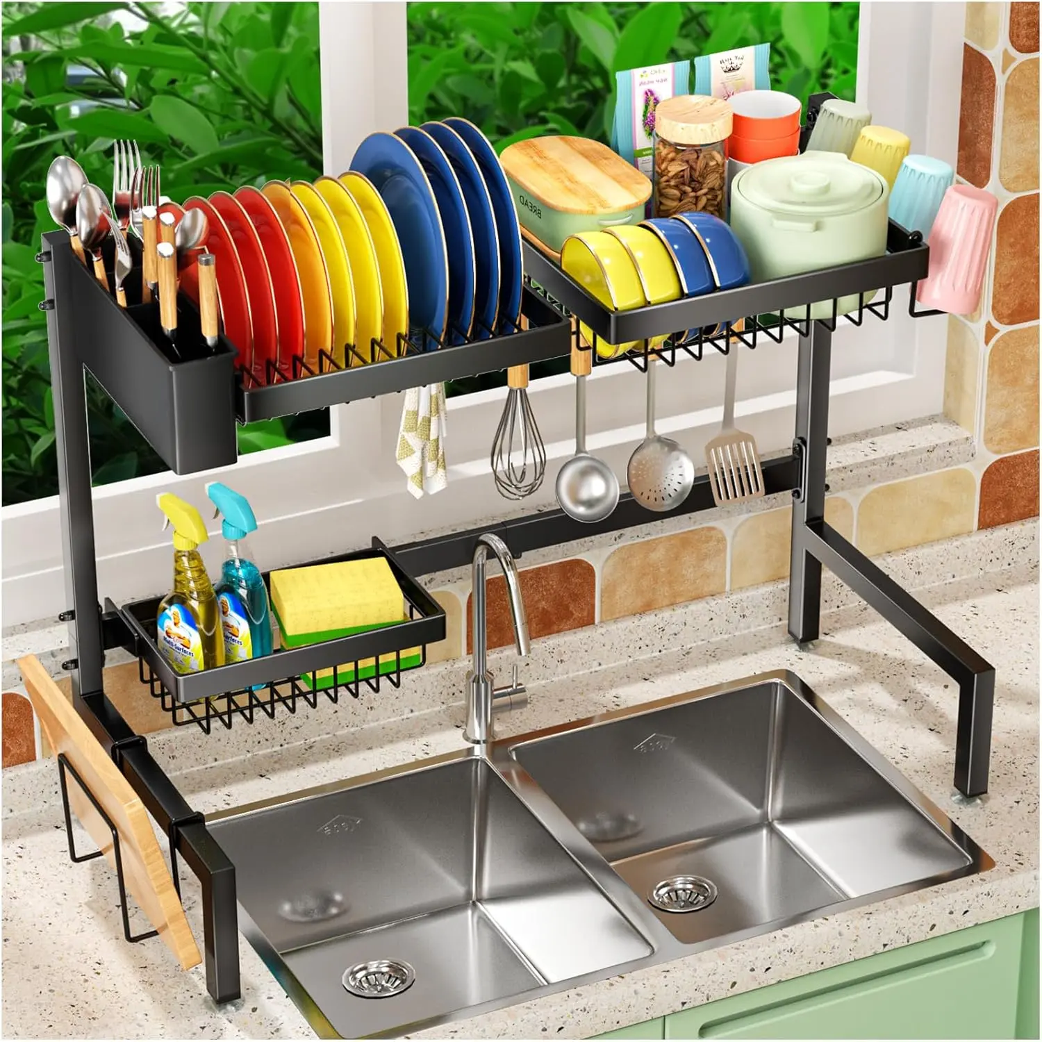 Over-the-Sink Dish Rack – 2-Tier, Large Capacity, Efficient Kitchen Drying Solution Adjustable Removable Tray Adjustable Standing Shelf