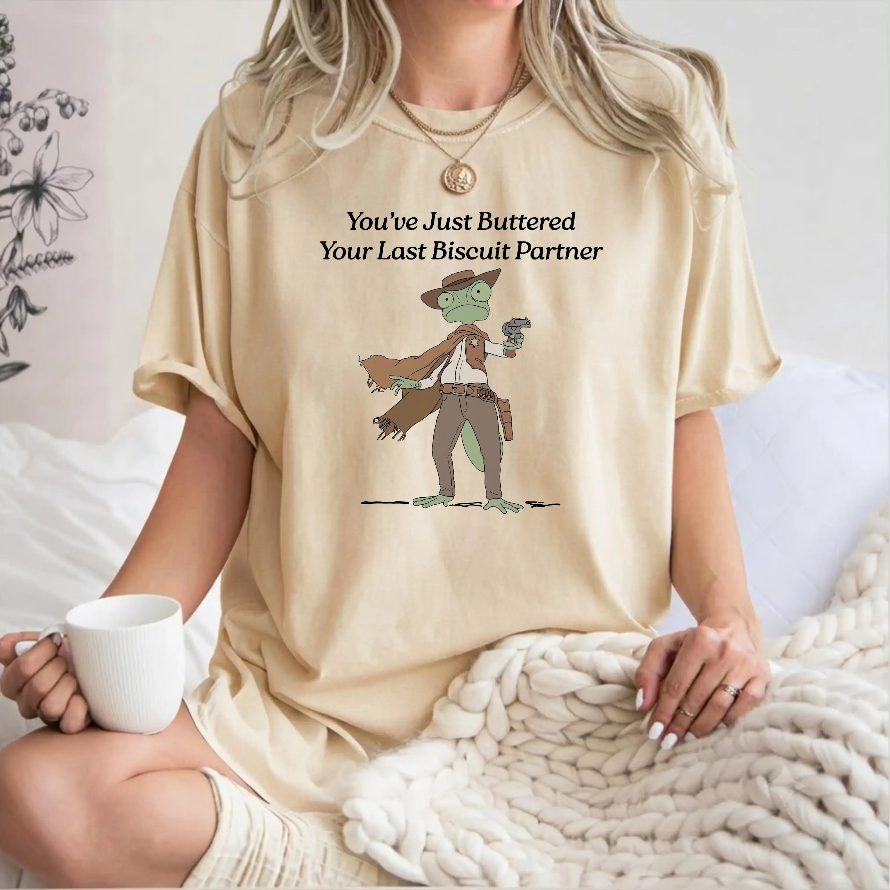 Unisex Graphic T-Shirt, Casual Cotton Short Sleeve Shirt with Funny Cowboy Lizard "Buttered Your Last Biscuit" Quote - Rango Movie Gift, Hoodie & Sweatshirt Available, Shortsleeve, Fabric, Fit, Tops, Crew Neck, 100% Cotton, Graphic Print