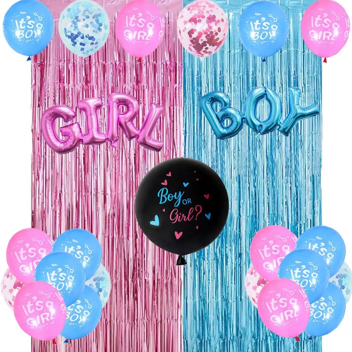 Gender Reveal Party Backdrop Kit - Pink and Blue Latex Balloons for Lasting Party Fun, Fringe Curtains, Reusable Decor Props, Gender Reveal Graphic Festive Backdrops & Banners