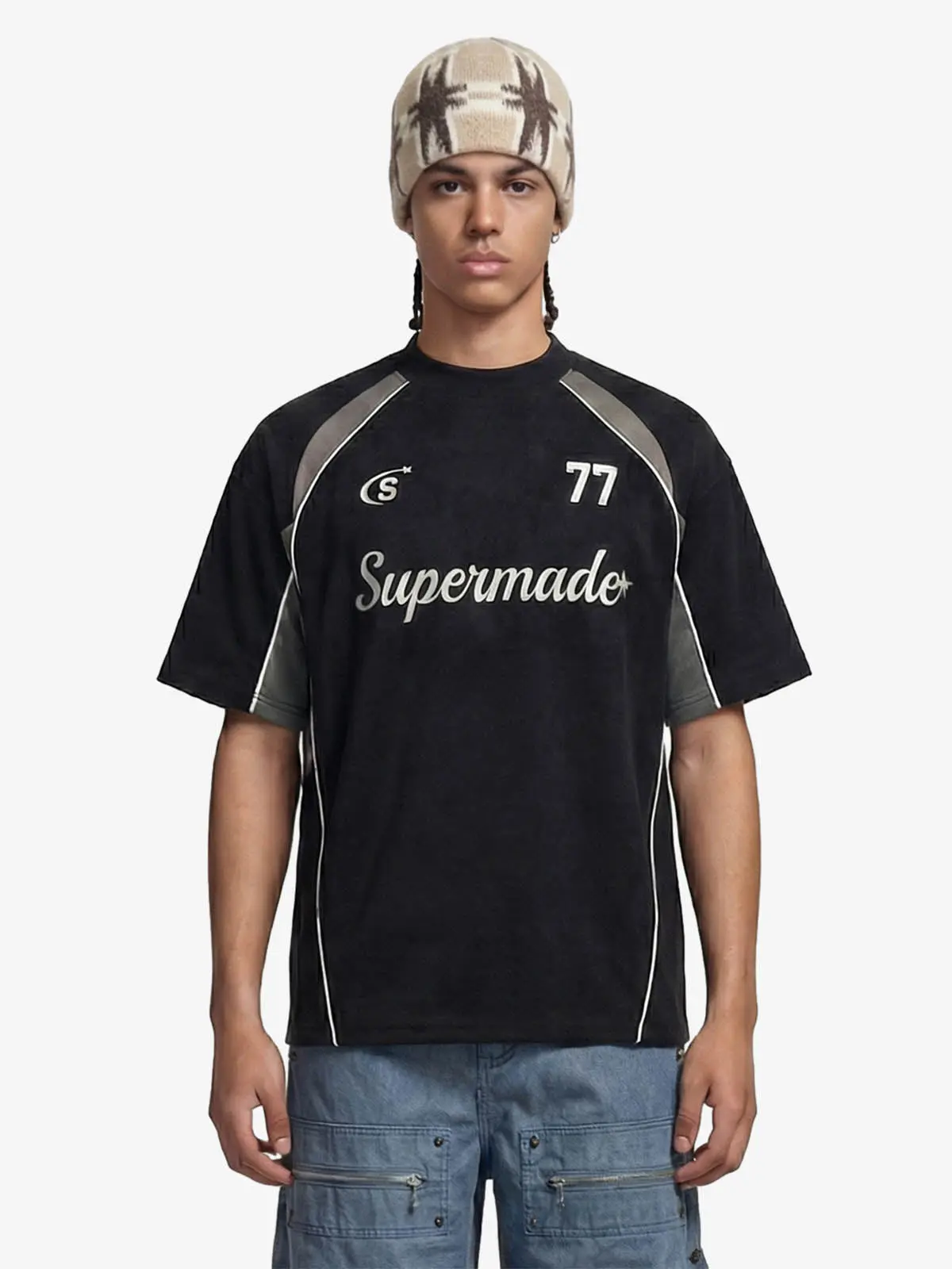 Thesupermade Suede Logo Embroidered Patchwork Short Sleeve T-Shirt,back to school,back to school shopping