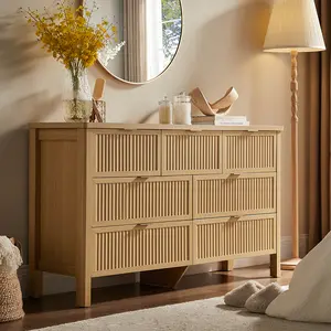 ONBRILL Fluted 6/7 Drawer Dresser for Bedroom 55 Inch Wide Modern Wood Chest of Drawers with Gold Handles and Oak Veins for Hallway Storage