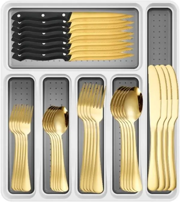 49-60 Piece Heavy Duty Stainless Steel Silverware Set with Golden-48 Piece Option, Modern Silhouette Cutlery for 8, Color Box with Organizer Drawer Tray, Mirror Polished, Dishwasher Safe, for Home & Steak Use
