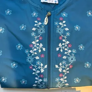 Burkini Swimsuit Blue and Floral with Zipper Closure and Embroidered Design
