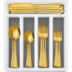 60 pcs Golden Stainless Steel Silverware Sets with Organizer,Cutlery Utensil Sets With Steak Knives,Spoon And Fork,Flatware Sets For Hotel And Restaurant,Dishwasher Safe Cutlery Set(Choose 24/30/48/49 Pcs) dinnerware gold