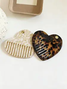 Portable Acetate Heart Mirror Comb Set, Hair Styling Combs, Anti-Static Wide Tooth Hair Brush, Sliding Cover Design, Ideal for Daily Use and Travel