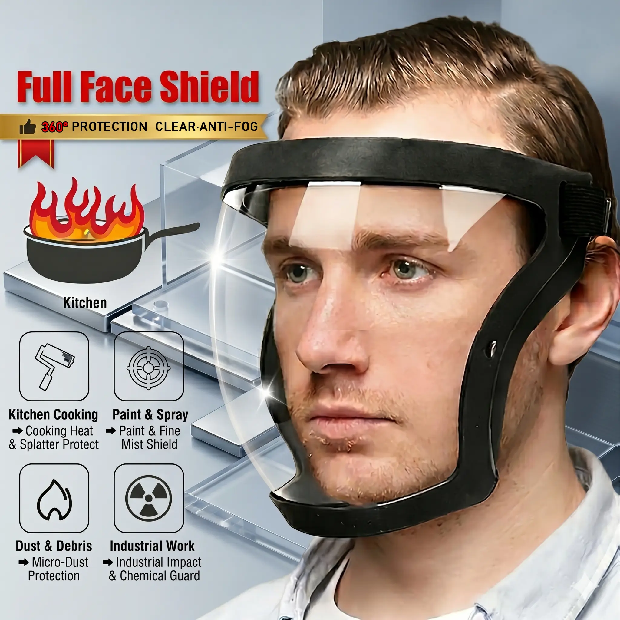 Adjustable HD Full Coverage Face Shield - 1pc HD gray Full Face Super Protective Shields, Anti-blue Light Unisex Cycling Face Shield with Splash Proof Full Face Protective Protect Eyes, Nose, Mouth, Anti-splash and Anti-sand Headgear