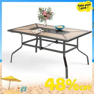 Phivilla Rectangular Outdoor Dining Table Set with 1.6"-2" Adjustable Umbrella Hole, 6 Person Patio Table for Outdoor, Rectangle Patio Table with Faux Wood Tabletop and Metal Steel Frame