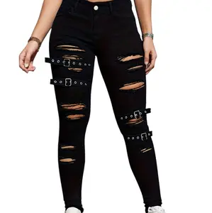 Black Tight Stretch Skinny Ripped Belts Denim Pants