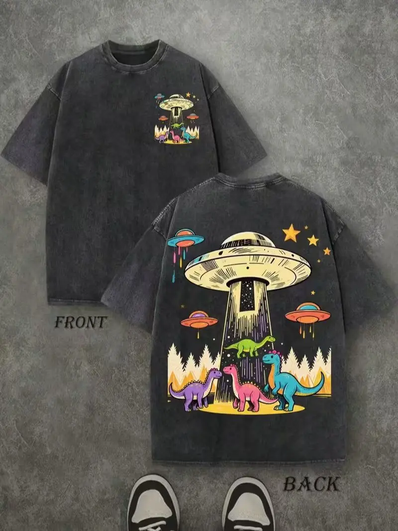 Washed - Vintage Washed Mint Green Nostalgic Science Fiction T-Shirt - Oversized Crew Neck Short Sleeve T-Shirt with UFO and Dinosaur Prints, 230g Cotton Shirt, Suitable for Daily Leisure, Summer Adventure, Gift for Space and Dinosaur Lovers
