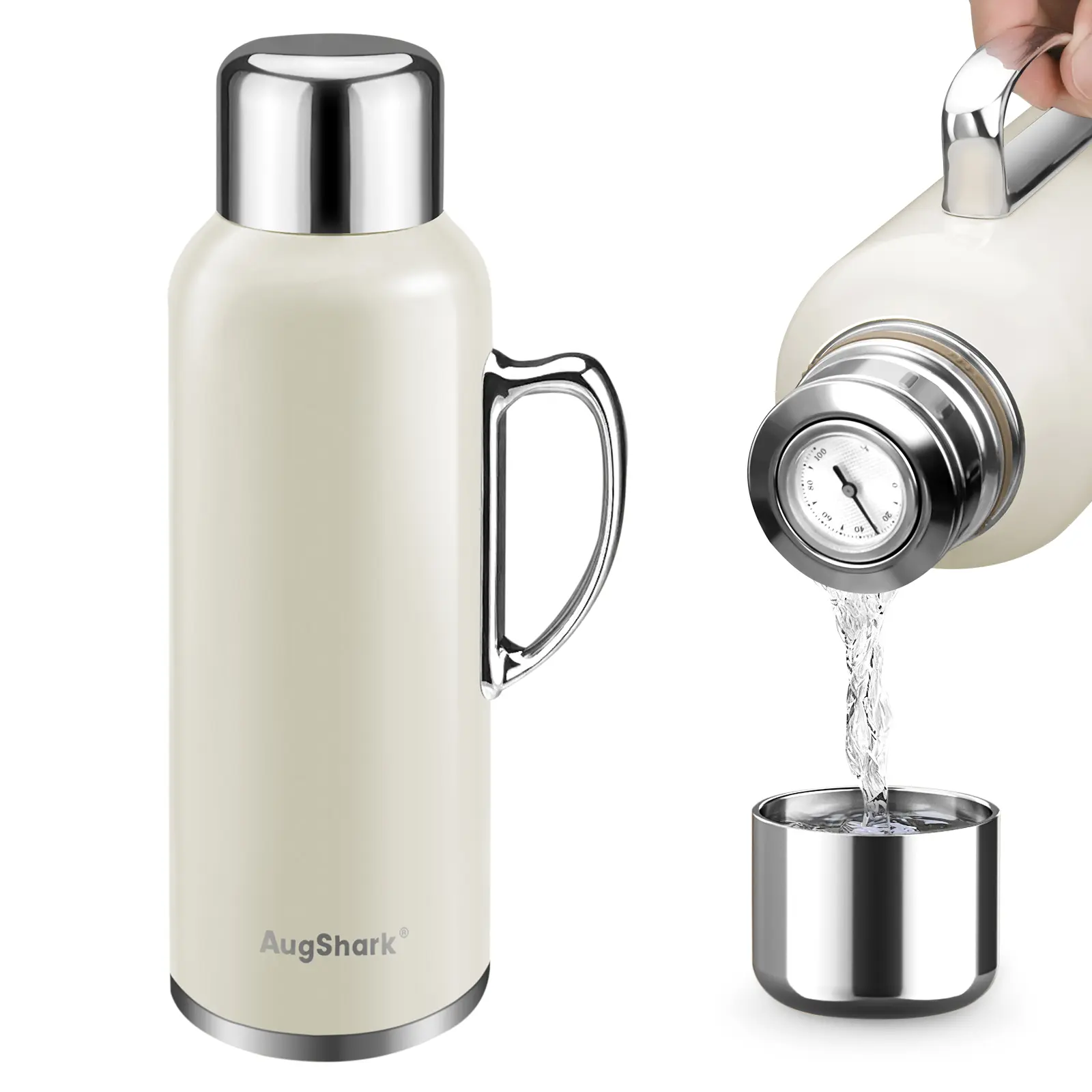 Augshark 34 oz Portable Insulated Water Bottle - Double Wall Vacuum Stainless Steel Flask with Handle, Metal Mechanical Temperature-Measuring Cup Lid, Stopper, Leakproof for Coffee, Keeps Cold 36h Hot 24h, Pour-Friendly Travel Drinkware