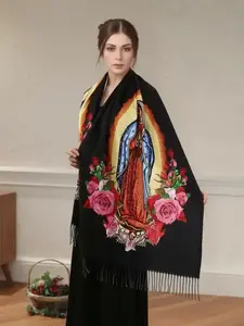 Elegant Floral Print Polyester Fringe Shawl, Women's Scarf Wrap, Windproof Warm, Perfect Party Gift, Ladies Fashion Accessory