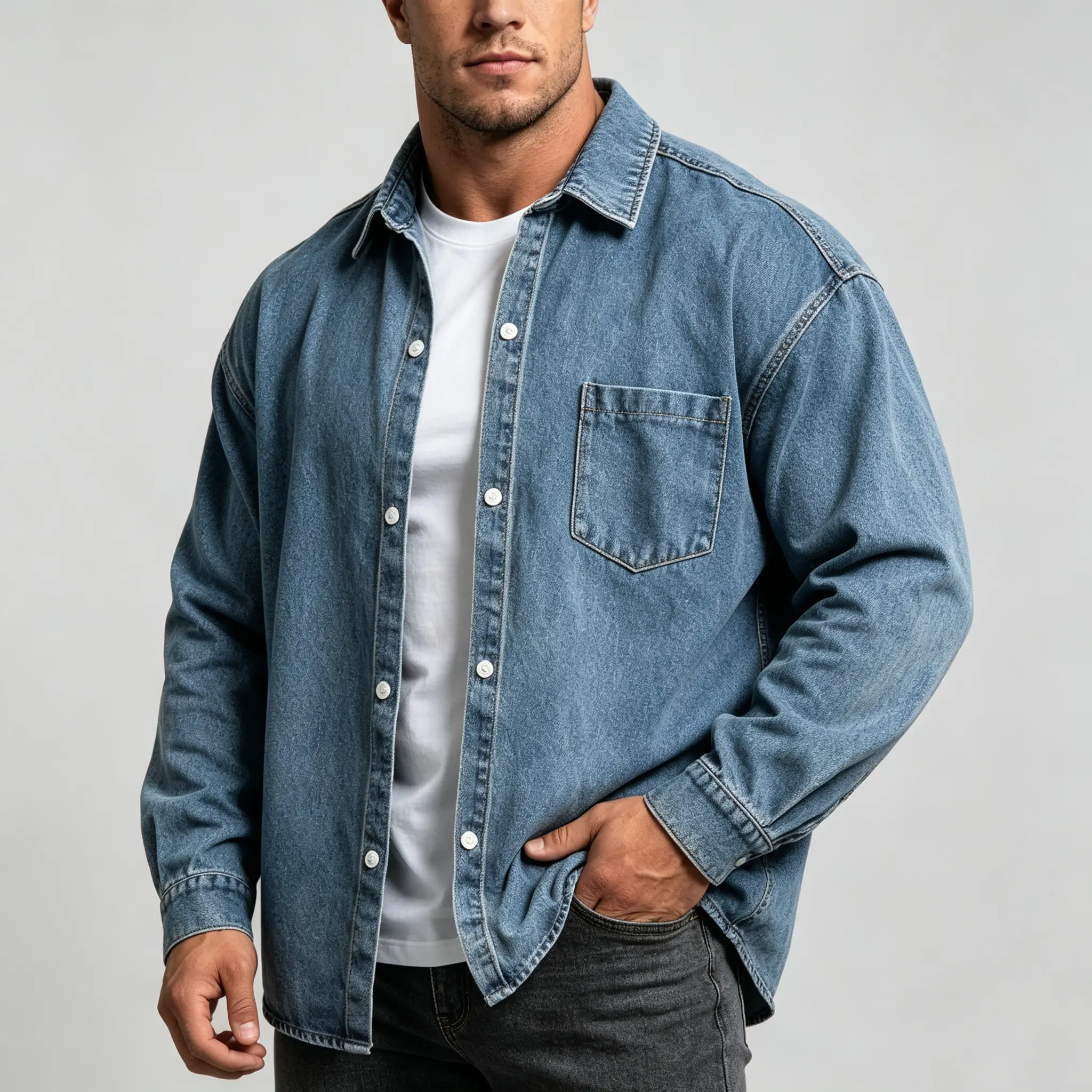 Men's Washed Denim Long-Sleeve Shirt Jacket - Menswear, Loose Fit, Heavyweight Fabric, Turn-Down Collar, Pockets, Classic Vintage Fashion, Spring-Autumn Versatile Casual Layering Top