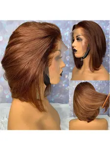 Brown Soft 14-Inch Short Bob Wig, Bob Style Wig, 180 Density Smooth Straight Hair, Synthetic Straight Wig, Heat Resistant Lace Front Wig,Glueless, Daily Wear