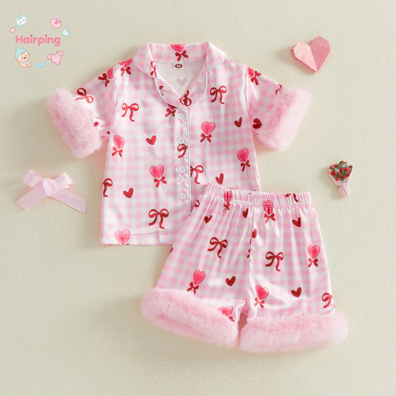 Toddler Girl Pajama Set - 2-Piece Short Sleeve Checkered Heart & Bow PJs with Fluffy Cuffs, Soft Cute Sleepwear for Kids Toddlers (1M-9T) Nightwear Outfit