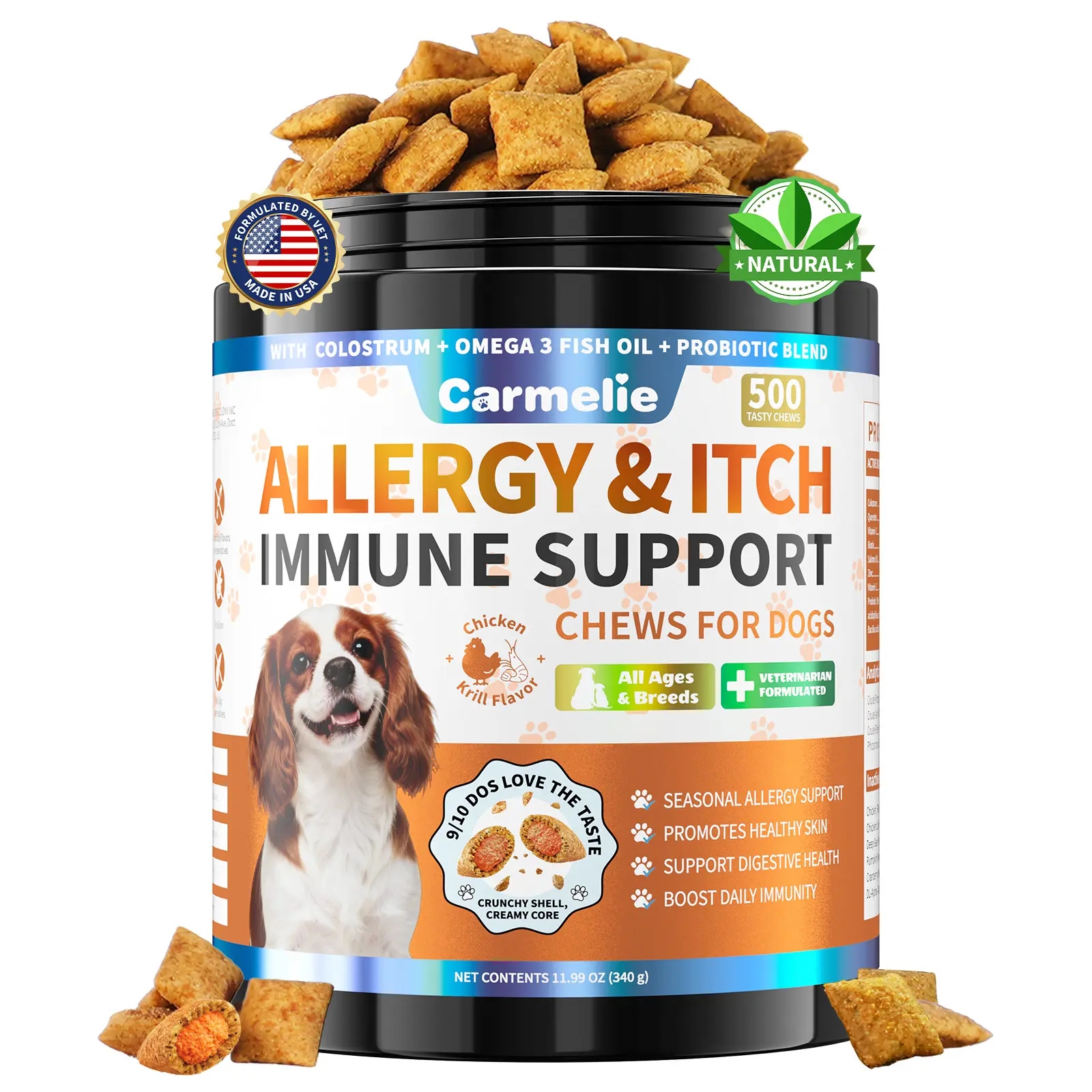 #tiktokshopbacktoschool Carmelie Dog Allergy Chews, 500 Crunchy & Tasty Chews, Helps Relieve Yeast Overgrowth,  Dog Itching Skin Relief & Immune Support Chew with Omega 3 Fish Oil Probiotic Blend for Coat Paw Relief Gut & Digestive Health, Chicken Krill F