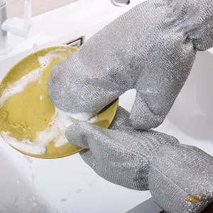Leather silver thread kitchen gloves - Durable Cleaning Gloves suitable for washing dishes, with extended and thickened design. Great for household cleaning and scrubbing pots and cloths.