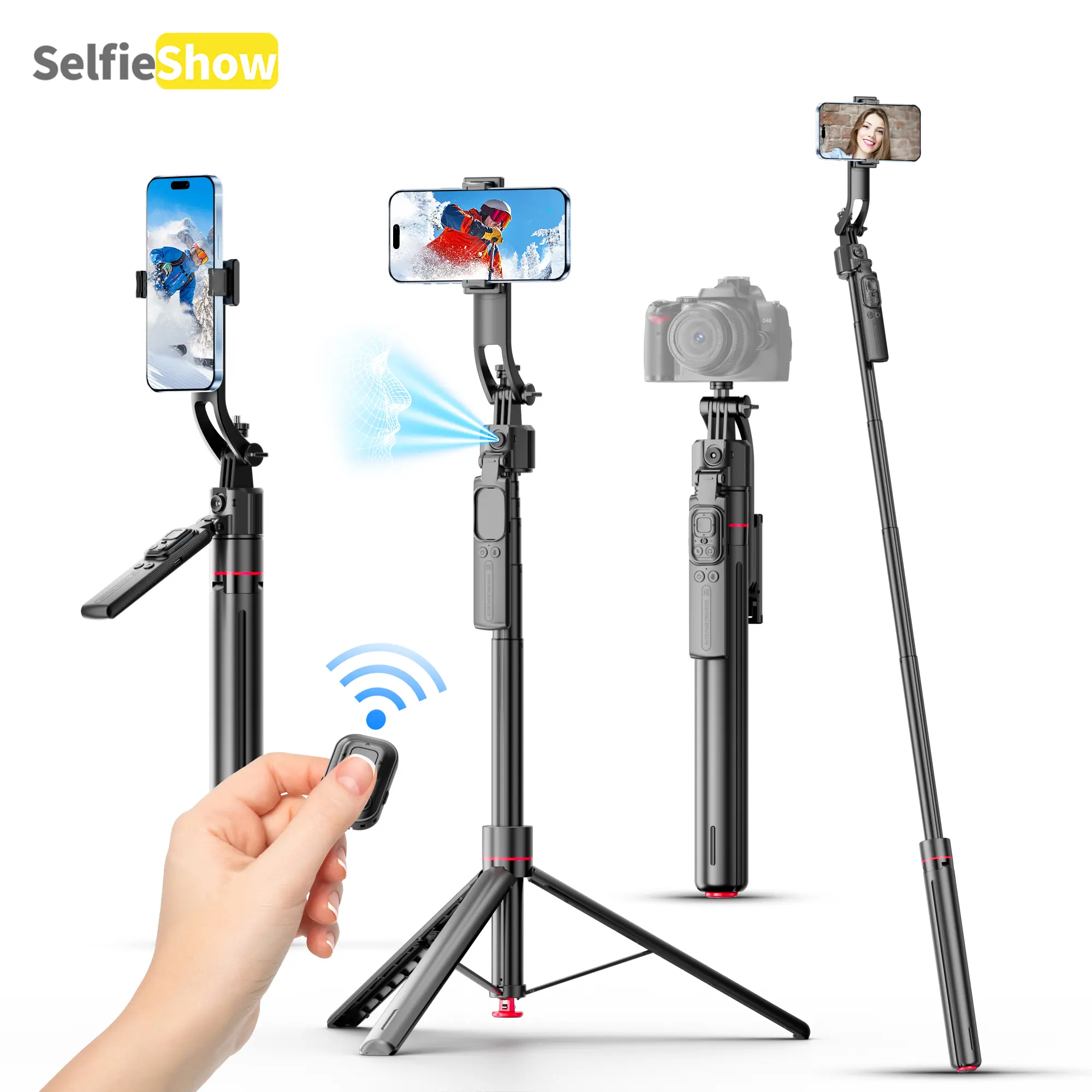 SelfieShow 70" AI Auto Face Tracking Selfie Stick Tripod, Bluetooth Remote Control, No App Required, 360° Rotating Smartphone/Cellphone Stand, Vlogging Kit Accessories for Live Streaming, Content Creators
