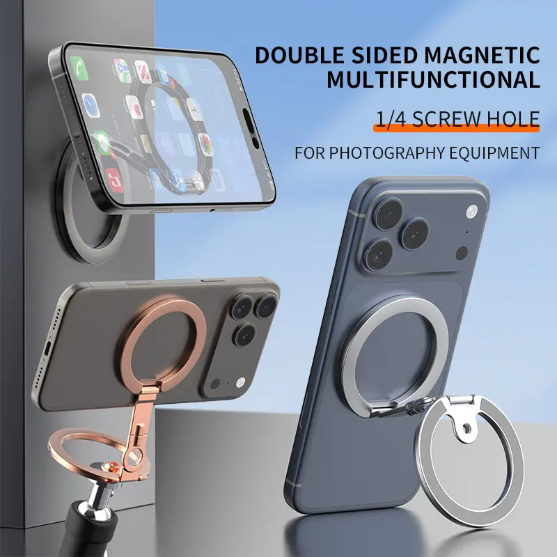 MagSafe Magnetic Mobile Phone Ring Holder - Alloy Metal 360° Rotatable Kickstand Finger Grip with 1/4 Screw Hole, Double-Sided Mount for Tripod, Selfie Stick, iPhone 17/16/15 Series, Vloggers & Phone Accessories