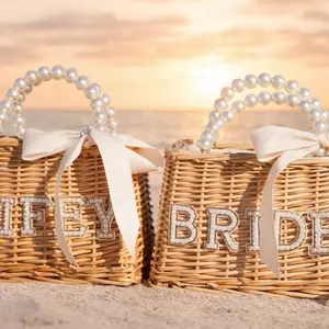 Bride Pearl Handle Bag – Customized Straw Bag with Sequin Letters – Wifey / Bride / Honeymoon Tote – Bridal Shower Gift