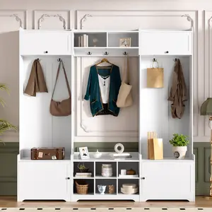 ARCH VIBE HAUS 79.1''Wide Modern Hall Tree with Shoe Storage, 4-in-1 Entryway Bench with 8 Cubbies, 7 Coat Hooks & Adjustable Shelf for Hallway, living room, White