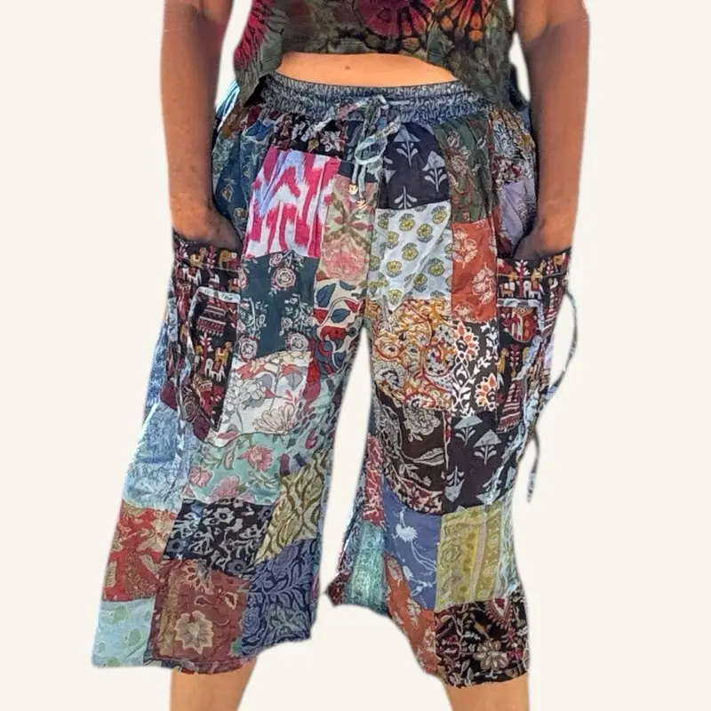 LONG SHORTS Cotton Patchwork  Hippie Festival Unisex Colorful Bohemian Style Pants for Men & Women Pockets Lightweight Casual Bottoms