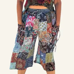 Cotton Patchwork Long Shorts Hippie Festival Unisex Colorful Bohemian Style Pants for Men & Women Pockets Lightweight Casual Bottoms