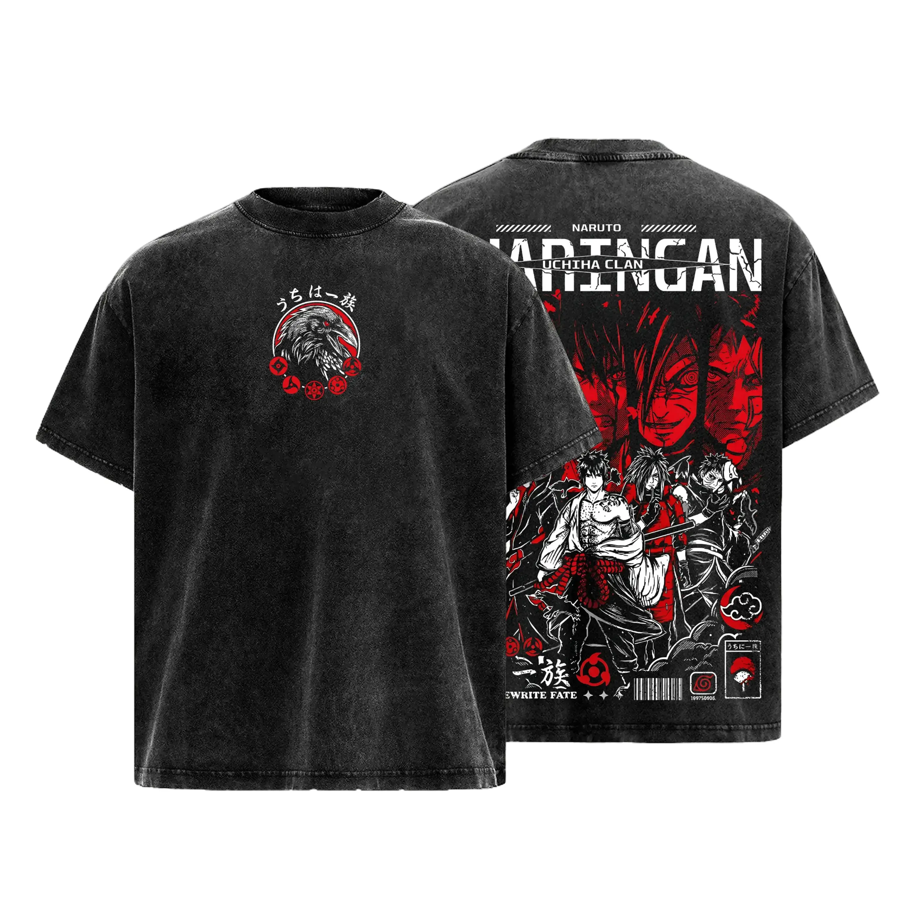 Men's Short-Sleeve Uchiha Clan Vintage Washed T-Shirt - Madara, Sasuke, Shisui, Obito Sharingan Graphic - Heavy Cotton Oversized Streetwear Ninja Tee Gift for Naruto Fans