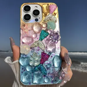 Mermaid & Starfish & Shell Pattern Phone Case, Handmade Phone Case, Colorful Phone Cases for iPhone 16 15 14 13 12 11 Pro Max