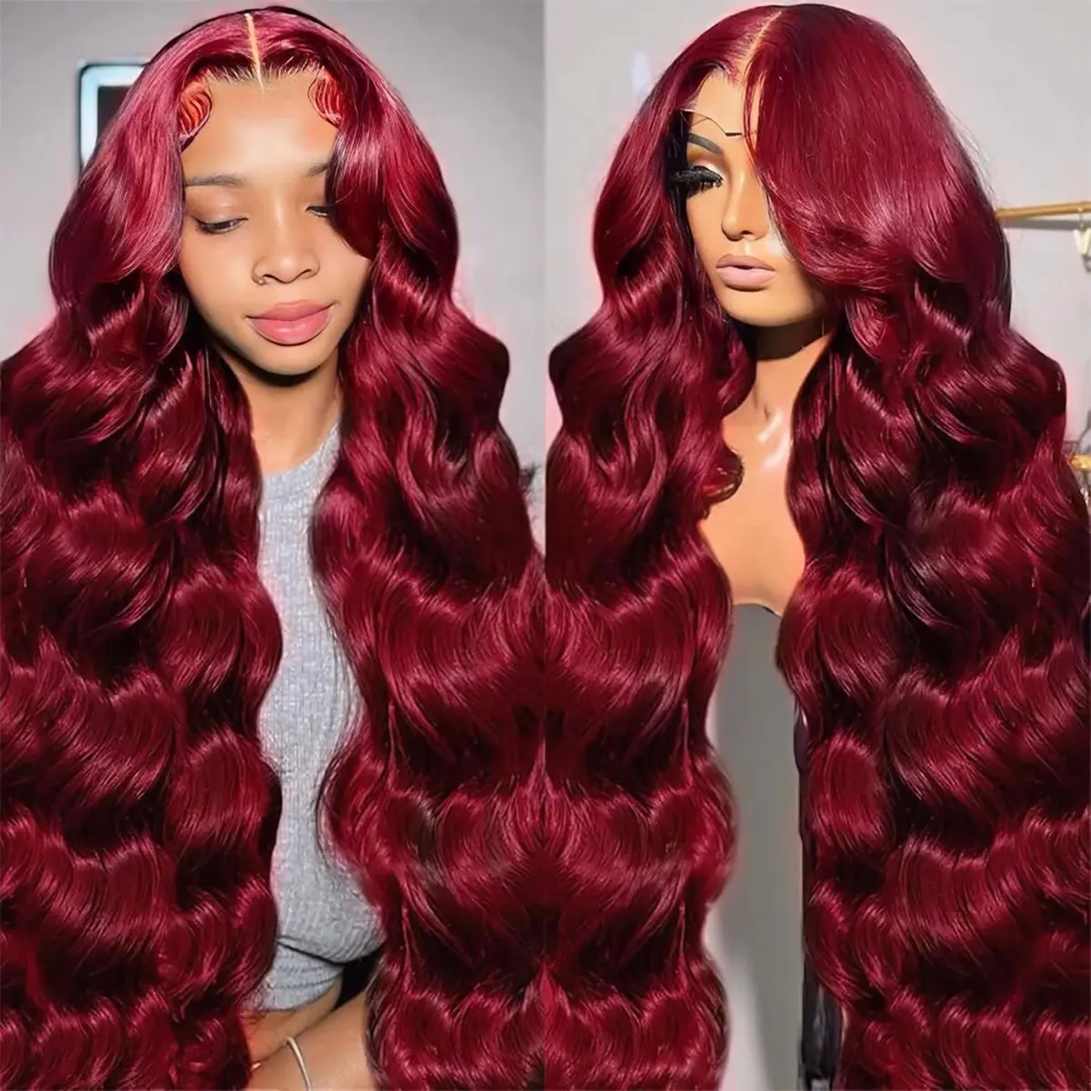 Long 36INCHES 99 Red Color Wig Human Hair Wigs Body Wave Burgundy 13X4  Lace Frontal Wigs 200% Density Pre-Plucked With Baby Hair HD Transparent Lace #99J Colored Lace Front Wig Human Hair Wig For Women, Heat Resistant